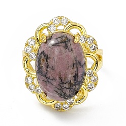 Rhodonite Natural Rhodonite Flower Adjustable Ring with Cubic Zirconia, Golden Brass Jewelry for Women, Cadmium Free & Lead Free, US Size 8 1/2(18.5mm)