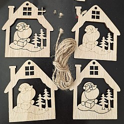 House Unfinished Wood Pendant Decorations, with Hemp Rope, for Christmas Ornaments, House, 7.8x7cm, 10pcs/bag