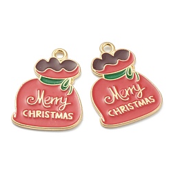 Red Alloy Enamel Pendants, for Christmas, Light Gold Plated, Bag with Word Merry Christmas, Red, 24x17.5x1mm, Hole: 1mm
