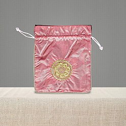 Light Coral Chinese Style Brocade Drawstring Gift Blessing Bags, Jewelry Storage Pouches for Wedding Party Candy Packaging, Rectangle with Flower Pattern, Light Coral, 18x15cm