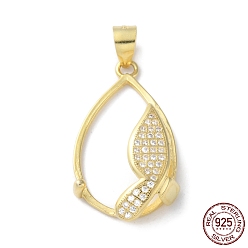 Real 18K Gold Plated Rack Plating 925 Sterling Silver Micro Pave Clear Cubic Zirconia Pendants Cabochon Settings, Teardrop with Butterfly, with 925 Stamp, Real 18K Gold Plated, 32x15x5.5mm, Hole: 4x5mm, tray: 20.5x13mm.