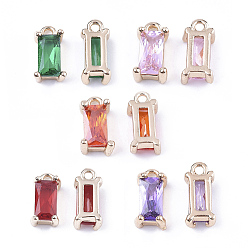Mixed Color Transparent Glass Charms, with Brass Findings, Faceted, Rectangle, Light Gold, Mixed Color, 8.5x4x3mm, Hole: 1mm