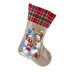 Snowman DIY Diamond Painting Christmas Stocking Kit, Including Burlap Socks, Resin Rhinestones Bag, Diamond Sticky Pen, Tray Plate & Glue Clay, Snowman, 350x200mm