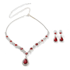 Светло-сиамский Комплекты из ожерелий и серег-гвоздиков из сплава со стразами в форме капли для женщин, Light Siam, 12.40 дюйм (315 мм)