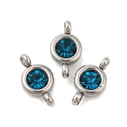 Light Sapphire 304 Stainless Steel Single Rhinestone Connector Charms, Flat Round Links, Stainless Steel Color, Light Sapphire, 12x6.5x4mm, Hole: 2mm