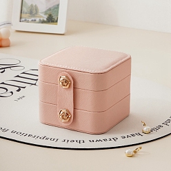 Pink 2-Tier Square PU Leather Jewelry Set Organizer Box, Portable Travel Jewelry Case for Earrings, Rings, Necklaces, Pink, 9.5x9.5x8cm