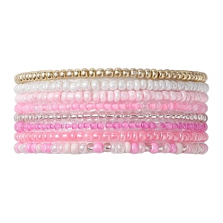 Pink 8Pcs 8 Color Glass Seed Beaded Stretch Bracelets Set for Women, Pink, Inner Diameter: 2-1/8 inch(5.5cm)