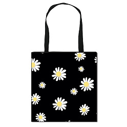 Black Daisy Flower Printed Polyester Shoulder Bag, Rectangle, Black, 39.5x39cm