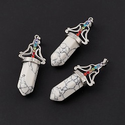 Howlite Synthetic Howlite Big Pendants, 7 Chakra Faceted Bullet Charms, with Platinum Plated Brass Findings and Colorful Rhinestone, Cadmium Free & Lead Free, 55x22.5x16mm, Hole: 8x5mm