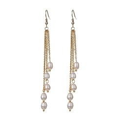 Golden Natural Pearl Beads Dangle Earrings, 304 Stainless Steel Chains Tassel Earrings, Golden, 104mm