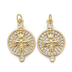 Настоящее золото 18K Латунные микропаве прозрачные подвески с фианитом, долговечный, с прыжковых колец, плоские круглые с пчелой, реальный 18 k позолоченный, 20x12x2 мм, отверстие : 3 мм