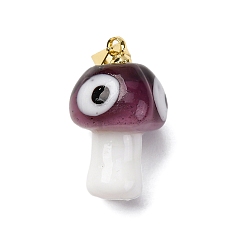 Фиолетовый Подвески лэмпворк ручной работы, гриб с глазом, с реечной накладкой из латуни с золотистым напылением, долговечный, золотые, фиолетовые, 19~21x11~13 мм, отверстие : 4.5x3.5 мм