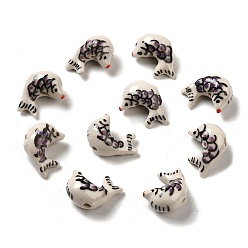 Purple Handmade Printed Porcelain Beads, Famille Rose Porcelain, Fish, Purple, 14~15x20~20.5x10~10.5mm, Hole: 1.8~2mm