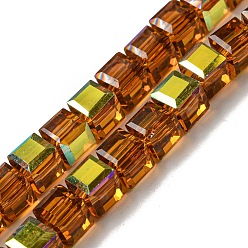 Saddle Brown Electroplate Glass Beads Strands, Half Rainbow Plated, Faceted, Cube, Saddle Brown, 7~7.5x7~7.5x7~7.5mm, Hole: 1mm