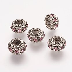 Light Rose Antique Silver Plated Alloy Rhinestone Beads, Large Hole Rondelle Beads, Light Rose, 11x6.5mm, Hole: 5mm