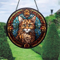 Cat Shape Stained Acrylic Window Hanger Panel, with Metal Chain and Jump Rings, for Suncatcher Window Hanging Decoration, Cat Shape, 150x2mm