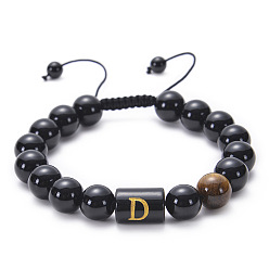 D Natural Black Agate Beaded Bracelet Adjustable Women's Handmade Alphabet Stone Strand Jewelry