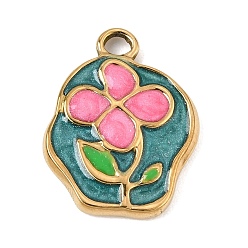 Teal 303 Stainless Steel Enamel Pendants, Nuggets with Flower Charms, Ion Plating(IP), Golden, Teal, 21x16x2.5mm, Hole: 2.5mm