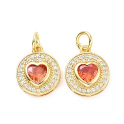 Оранжево-Красный Латунные микро проложить кубического циркония подвески, с прыжковых колец, долговечный, без кадмия и без свинца, золотой свет, плоско-круглые с сердцем, оранжево-красный, 15.5x13x4 мм