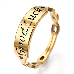 Real 18K Gold Plated Ion Plating(IP) 304 Stainless Steel Word Good Luck Adjustable Ring for Women, Real 18K Gold Plated, US Size 6 1/2(16.9mm)