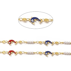 Real 18K Gold Plated Colorful Enamel Dolphin with Evil Eye & Brass Flat Round Link Chains, with ABS Plastic Imitation Pearl Beaded, Soldered, with Spool, Real 18K Gold Plated, 16.5x3mm, 12.5x8.5x2.5mm, 4x0.5mm