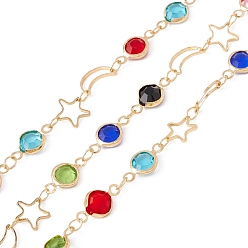 Colorful Handmade Eco-friendly Brass Moon & Star & Flat Round Link Chain, with Glass Beaded, Real 18K Gold Plated, Lead Free & Cadmium Free, Soldered, with Spool, Colorful, 10x6x1mm, 8x8x1mm, 13x6.5x2.5mm