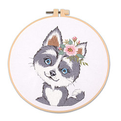 Dog DIY Puppy Dog Embroidery Kit for Beginners, Included Plastic Embroidery Hoop, Needle, Threads, Cotton Fabric, Siberian Husky Pattern, Hoop: 20x20cm
