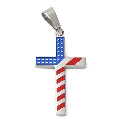 Stainless Steel Color Independence Day 304 Stainless Steel Enamel Pendants, Cross Charm, Stainless Steel Color, 37.5x20.5x2.5mm, Hole: 9x5.5mm