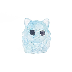 Aquamarine Resin Nine-tailed Fox Display Decoration, with Natural Aquamarine Chips inside Statues for Home Office Decorations, 24x21x27mm