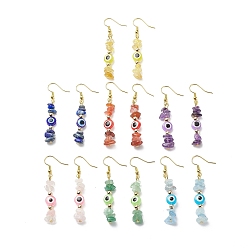 Mixed Stone 7Pcs 7 Style Natural Mixed Gemstone Chips & Resin Evil Eye Beaded Dangle Earrings, Golden Brass Long Drop Earrings for Women, 55mm, Pin: 0.5mm, 1 Pair/style