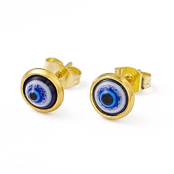 Blue Resin Evil Eye Stud Earrings, Golden 304 Stainless Steel Jewelry for Women, Blue, 7.5mm, Pin: 0.8mm