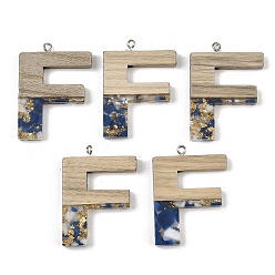 Letter F Кулоны из непрозрачной смолы и дерева, буквы, с платиновой петлей, Буква F, 37.5~45x11~53x6 мм, отверстие : 2 мм