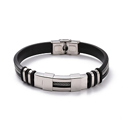 Stainless Steel Color Men's Silicone Cord Bracelet, Titanium Steel Curved Tube Beads Friendship Bracelet, Black, Stainless Steel Color, 8-7/8 inch(22.5cm)