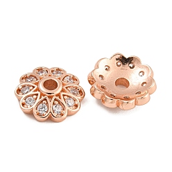 Розовое Золото Стойка покрытие цветок латунь микропаве прозрачный кубический цирконий бусины колпачки, без свинца и без кадмия, долговечный, розовое золото , 12x3.5 мм, отверстие : 2 мм