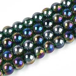 Темно-Зеленый Гальванизируйте прозрачное стекло бисер нитей, круглые, с покрытием AB цвета, темно-зеленый, 8~8.5 мм, отверстие : 1 мм, около 51~53 шт / нитка, 14.57~15.35'' (37~39 см)