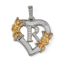 Letter R Латунь микропаве фианиты с подвесками-ракушками, Сердце и письмо, долговечный, без свинца и без кадмия, стойки покрытие, Буква R, 20x20.5x3 мм, отверстие : 3.5x5 мм