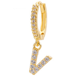 Letter V Clear Cubic Zirconia Initial Letter Dangle Hoop Earrings, Golden Brass Jewelry for Women, Letter.V, 22mm
