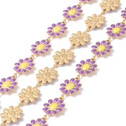 Medium Orchid 304 Stainless Steel Daisy Flower Link Chains with Enamel, Unwelded, Golden, Medium Orchid, 14x10x1mm