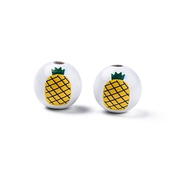 Pineapple Summer Theme Printed Wooden Beads, Round, Gold, Pineapple Pattern, 15.5~16x15mm, Hole: 3.5mm