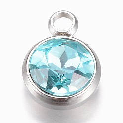 Aquamarine Glass Charms, Faceted, with 304 Stainless Steel Findings, Flat Round, Aquamarine, 14x10x6.5mm, Hole: 2.5mm
