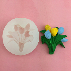 White Food Grade Tulip Flower Bouquet Silicone Molds, Fondant Molds, For DIY Cake Decoration, Chocolate, Candy, White, 68x66x18mm, Inner Diameter: 59x61x15mm
