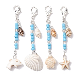 Seashell Color 4Pcs Shell Pendant Decorations, with Glass Beads, Synthetic Turquoise Beads and Zinc Alloy Lobster Claw Clasps, Seashell Color, 78~80mm, 4pcs/set