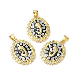 Black Oval with Virgin Face Brass Micro Pave Cubic Zirconia Pendants, with Enamel & Shell, Long-Lasting Plated, Lead Free & Cadmium Free, Real 18K Gold Plated, Black, 22x17x3mm, Hole: 5.5x4mm