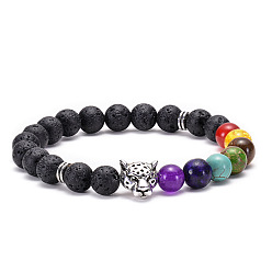 Leopard - Ancient Silver Lava Volcano Stone Leopard Lion Owl Bracelet with Seven Chakra Stones and Natural Buddha Head Beads