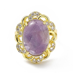 Amethyst Natural Amethyst Flower Adjustable Ring with Cubic Zirconia, Golden Brass Jewelry for Women, Cadmium Free & Lead Free, US Size 8 1/2(18.5mm)