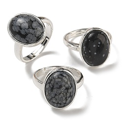 Снежный Обсидиан Овальные регулируемые кольца из натурального обсидиана со снежинками, без свинца и без кадмия, посеребренные латунные перстни для женщин и мужчин, овальный : 18x14 mm, внутренний диаметр: 18 мм