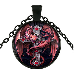 Electrophoresis Black Dark Red Dragon Theme Glass Flat Round Pendant Necklace with Alloy Chains, Electrophoresis Black, 27.56 inch(70cm)