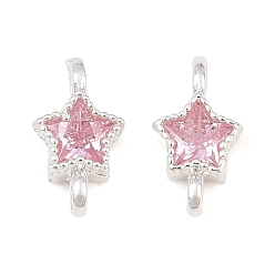 Plata Colgantes de conector de circonita cúbica rosa perla pavé de latón, enlaces estrella, chapado en rack, larga duración plateado, plata, 9.5x5x3 mm, agujero: 1.2 mm