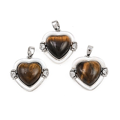 Платина Подвески из натурального тигрового глаза и пресноводных ракушек, подвески в форме сердца с латунными вставками из прозрачных кубических цирконий, платина, 18x19x7 мм, отверстие : 3.5x2.5 мм