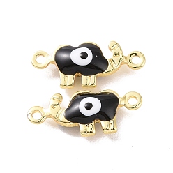 Black Brass Enamel Connector Charms, Real 18K Gold Plated, Elephant with Evil Eye Pattern, Black, 6x14.5x3mm, Hole: 1mm